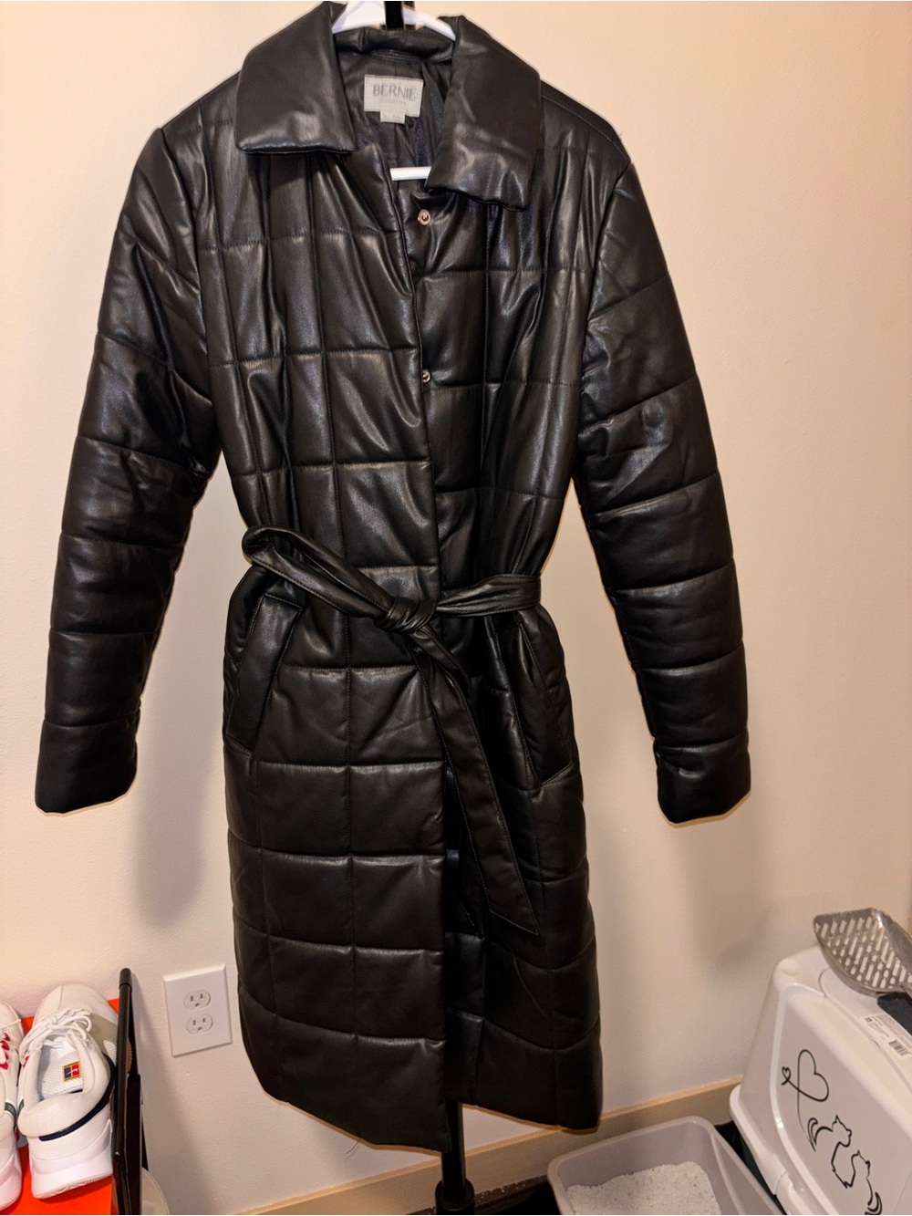 Black Quilted Leather Belted Coat